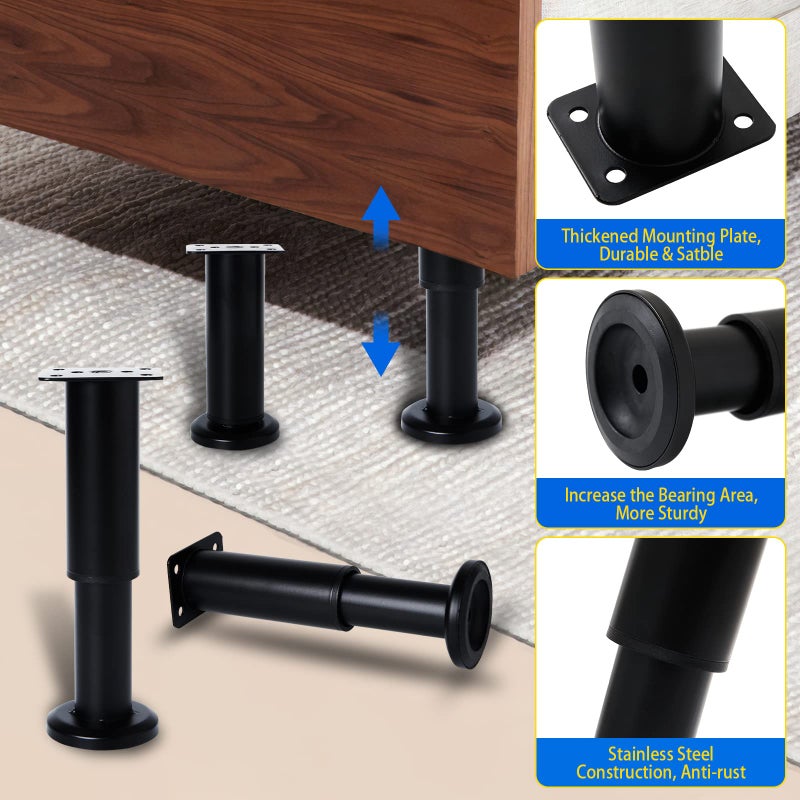 Olldag 4PCS Adjustable Furniture Couch Cabinet Legs 4.72-7.48 Inch [with 18 PCS Screws]  Heavy Duty Adjustable Height Replacement Legs for Dresser/Sofa/Bed/Chair  Legs for Furniture Set of 4 (Black) - Image 4